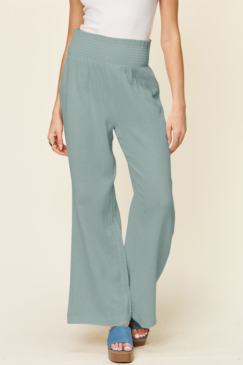 *Double Take* Texture Smocked Waist Wide Leg Pants