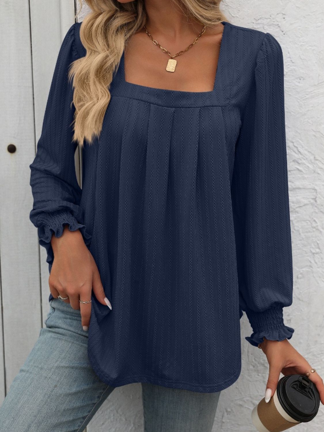 Square Neck Front Pleat Long Sleeve Top