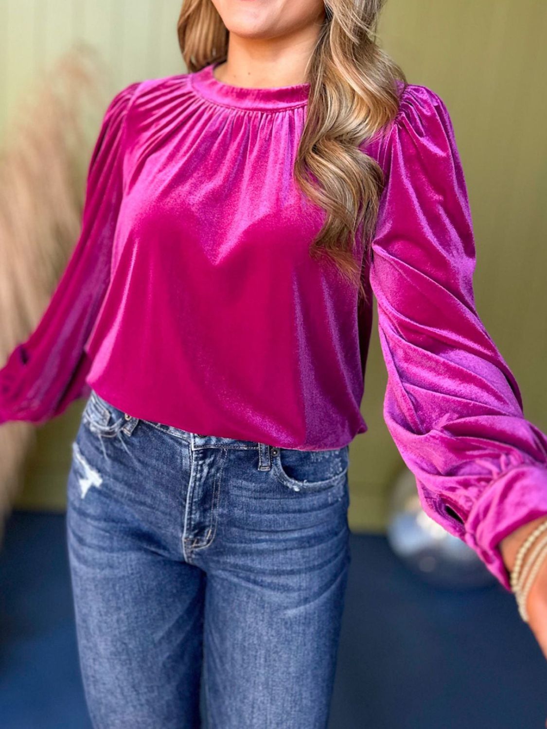 Ruched Round Neck Long Sleeve Blouse