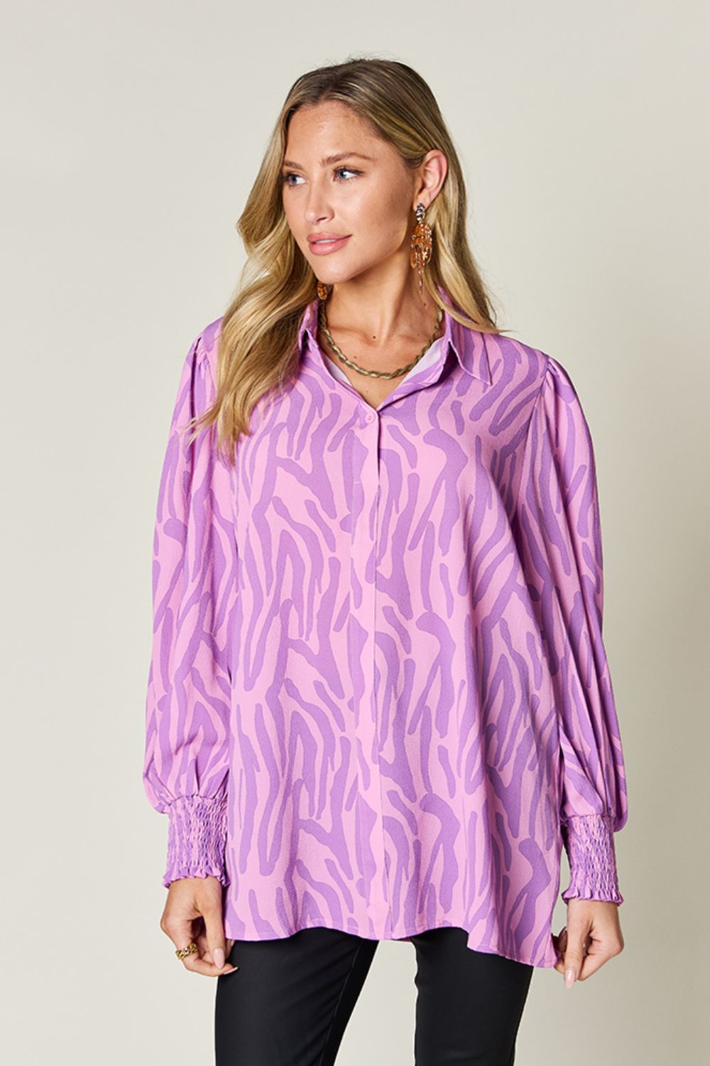 *Double Take* Printed Smocked Long Sleeve Blouse