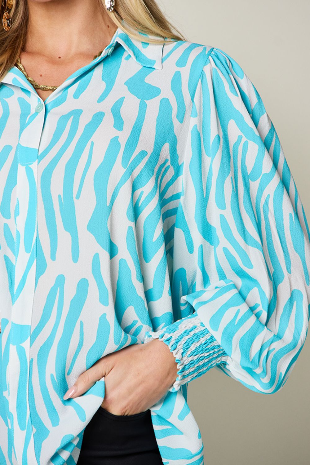 *Double Take* Printed Smocked Long Sleeve Blouse