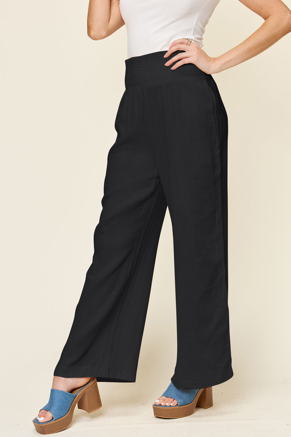 *Double Take* Texture Smocked Waist Wide Leg Pants