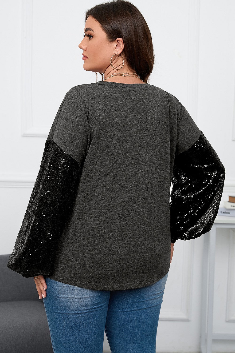 Plus Sequin Long Sleeve V-Neck Top