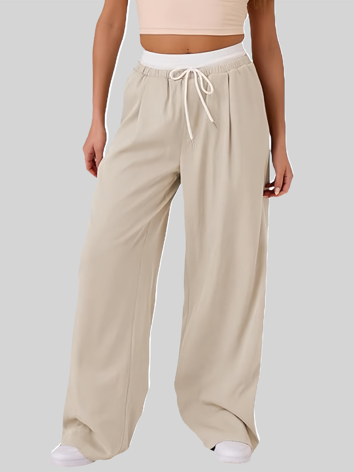 Contrast Waistband Drawstring Wide Leg Pants