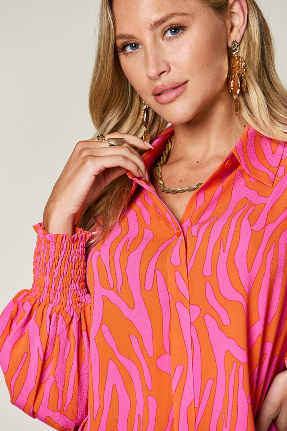 *Double Take* Printed Smocked Long Sleeve Blouse