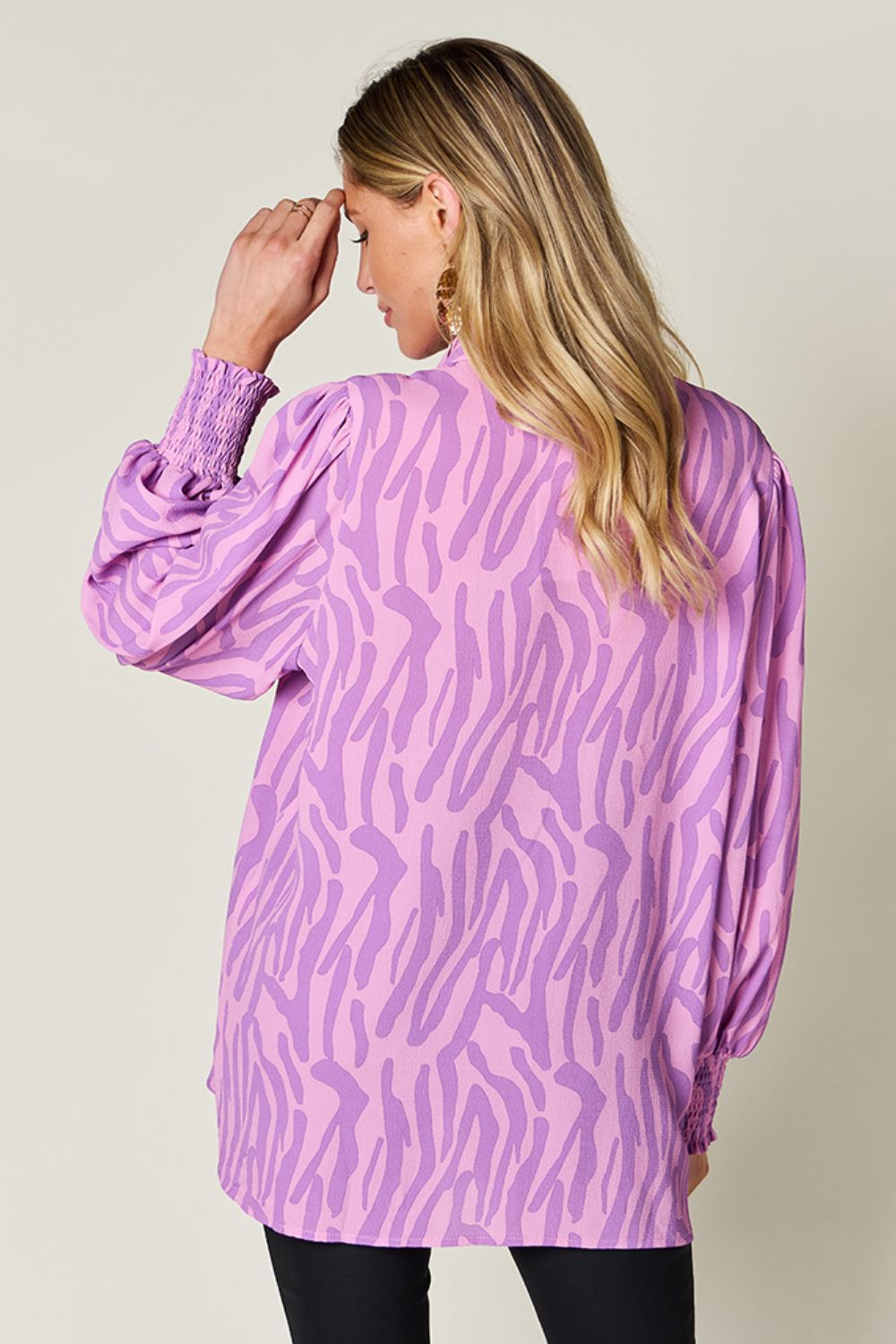 *Double Take* Printed Smocked Long Sleeve Blouse