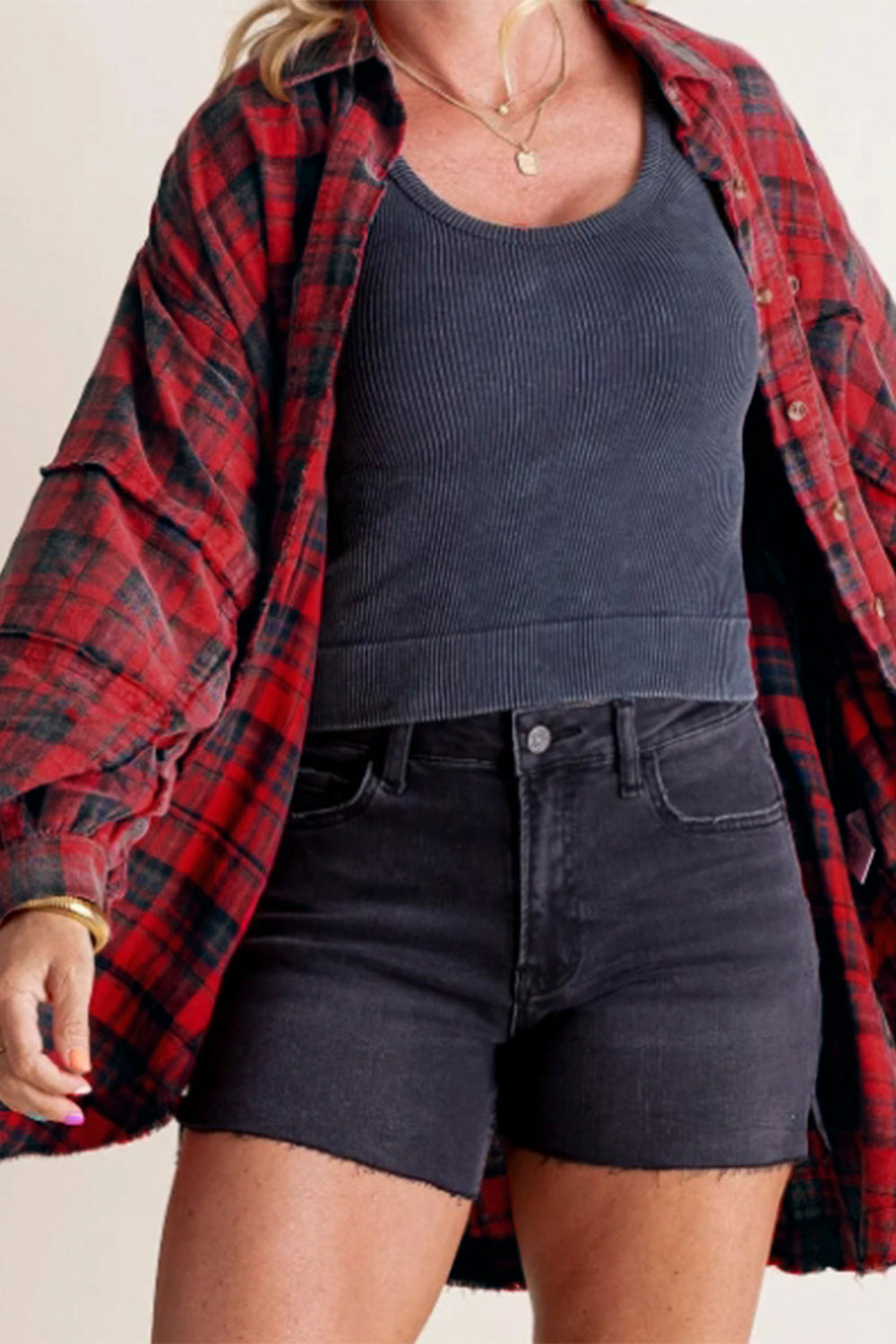 Exposed Seam Plaid Collared Neck Long Sleeve Shirt