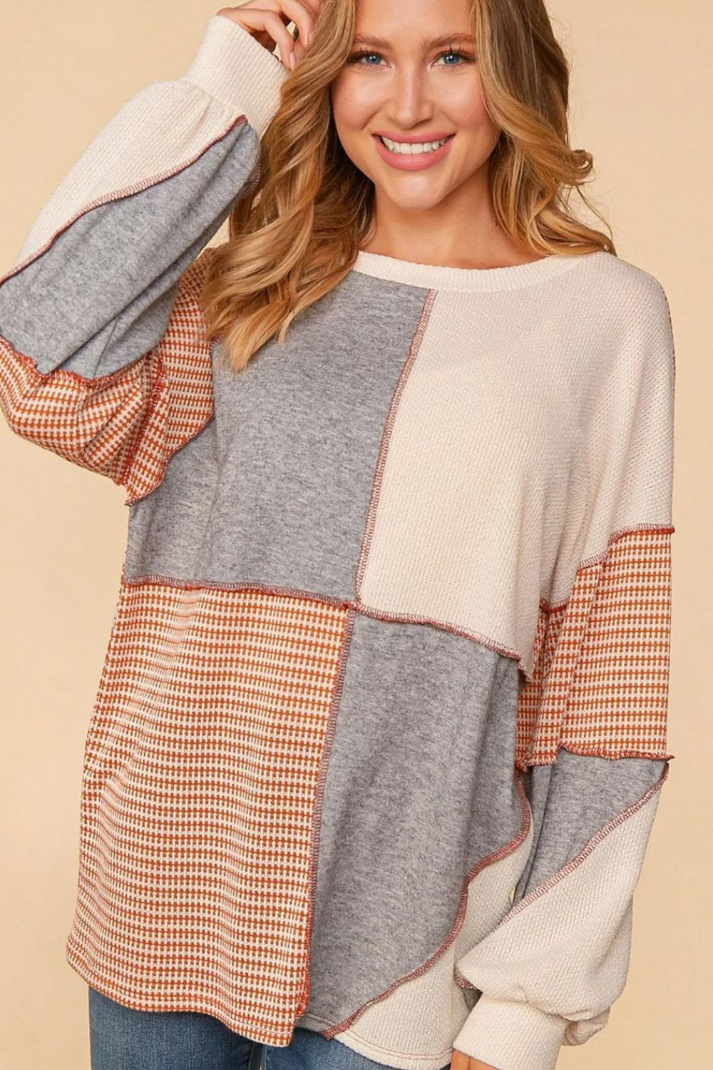 Exposed Seam Color Block Round Neck Top