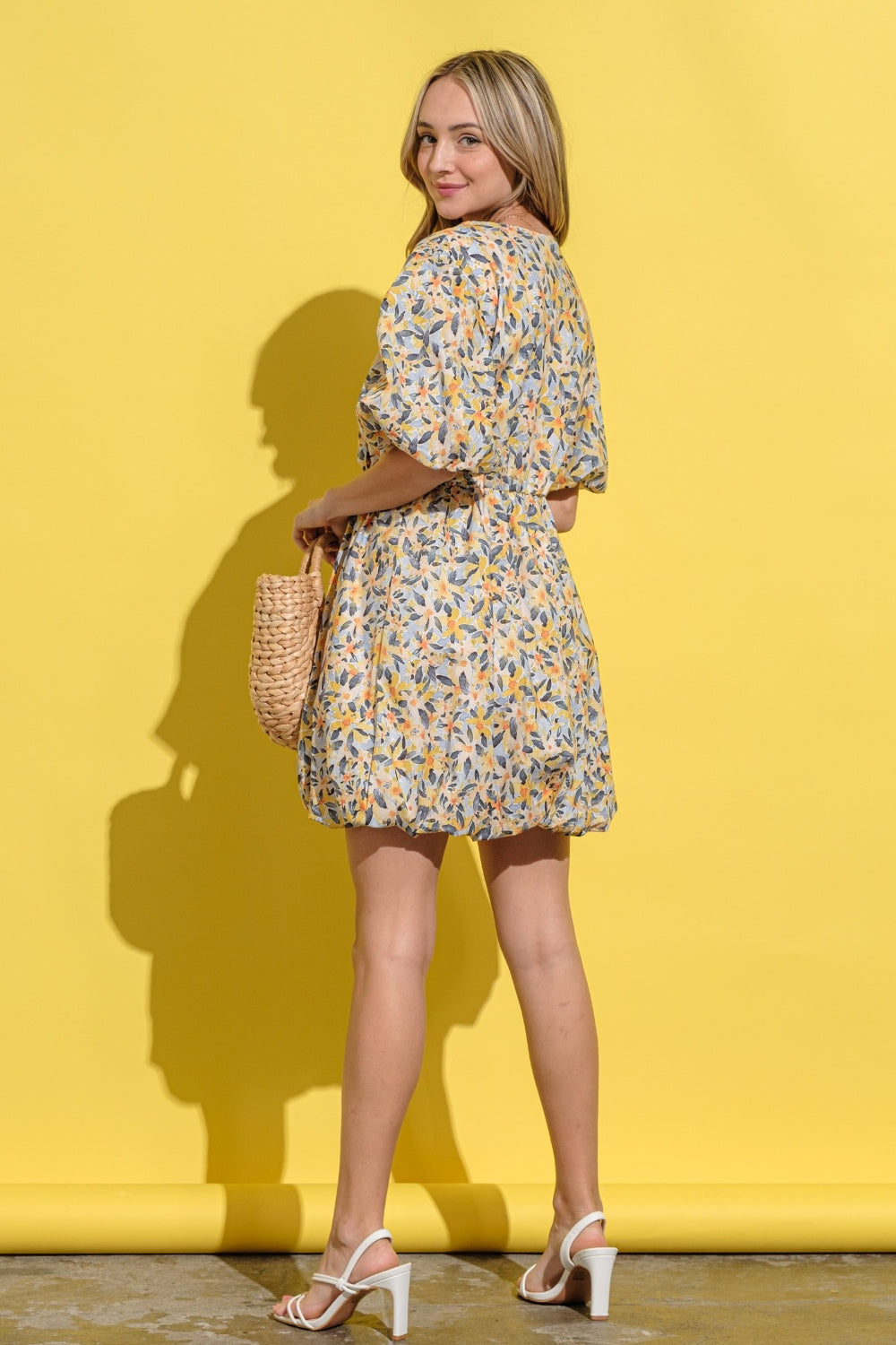 And The Why Floral Surplice Puff Sleeve Dress, Yellow