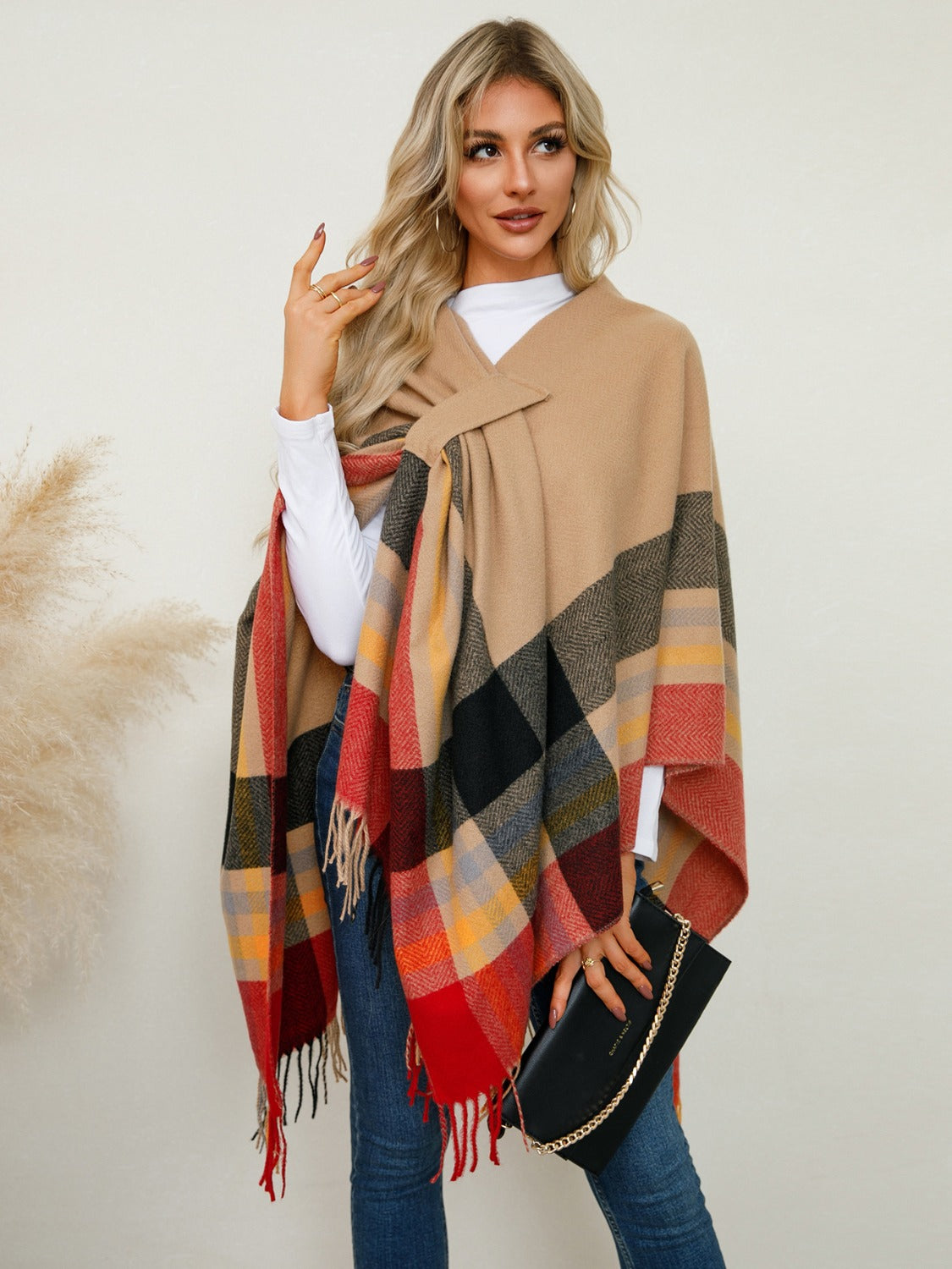 Fringe Contrast Plaid Poncho