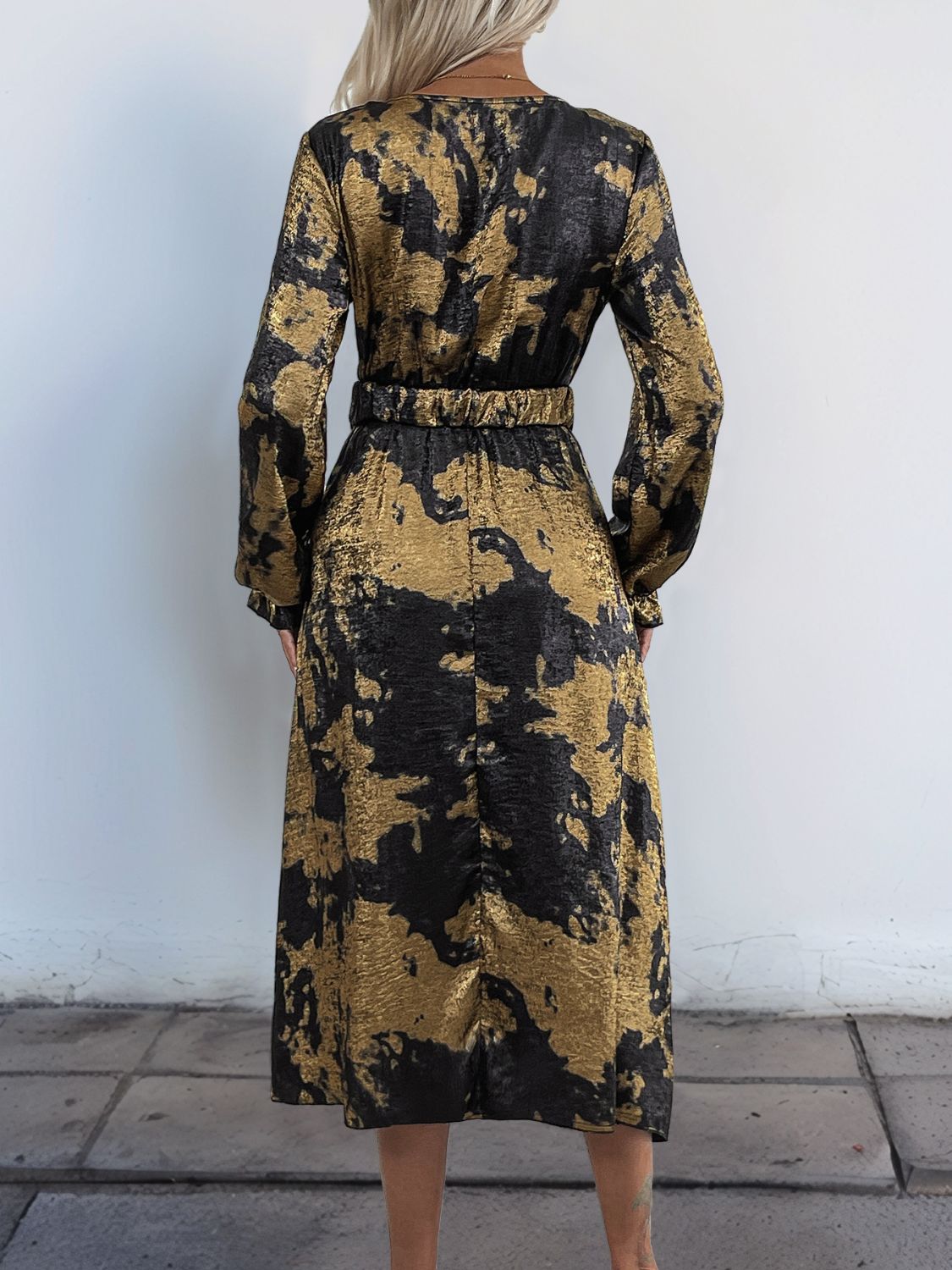 Perfee Printed Surplice Long Sleeve Midi Dress