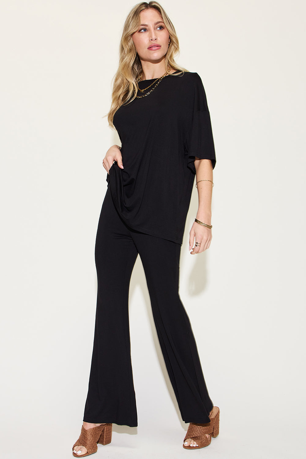 *Basic Bae* Bamboo Drop Shoulder T-Shirt and Flare Pants Set