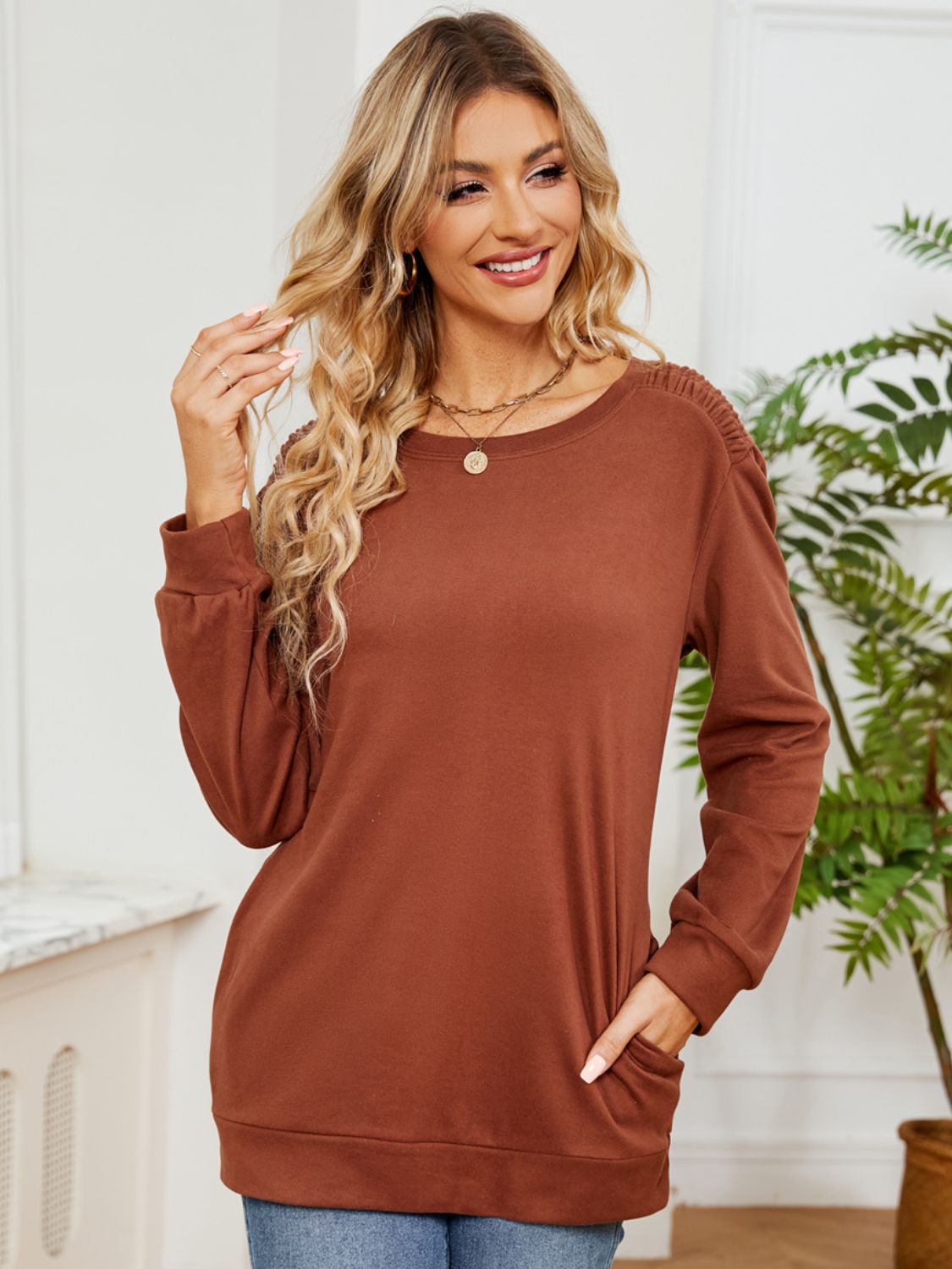 Ruched Shoulder Round Neck Long Sleeve Sweatshirt