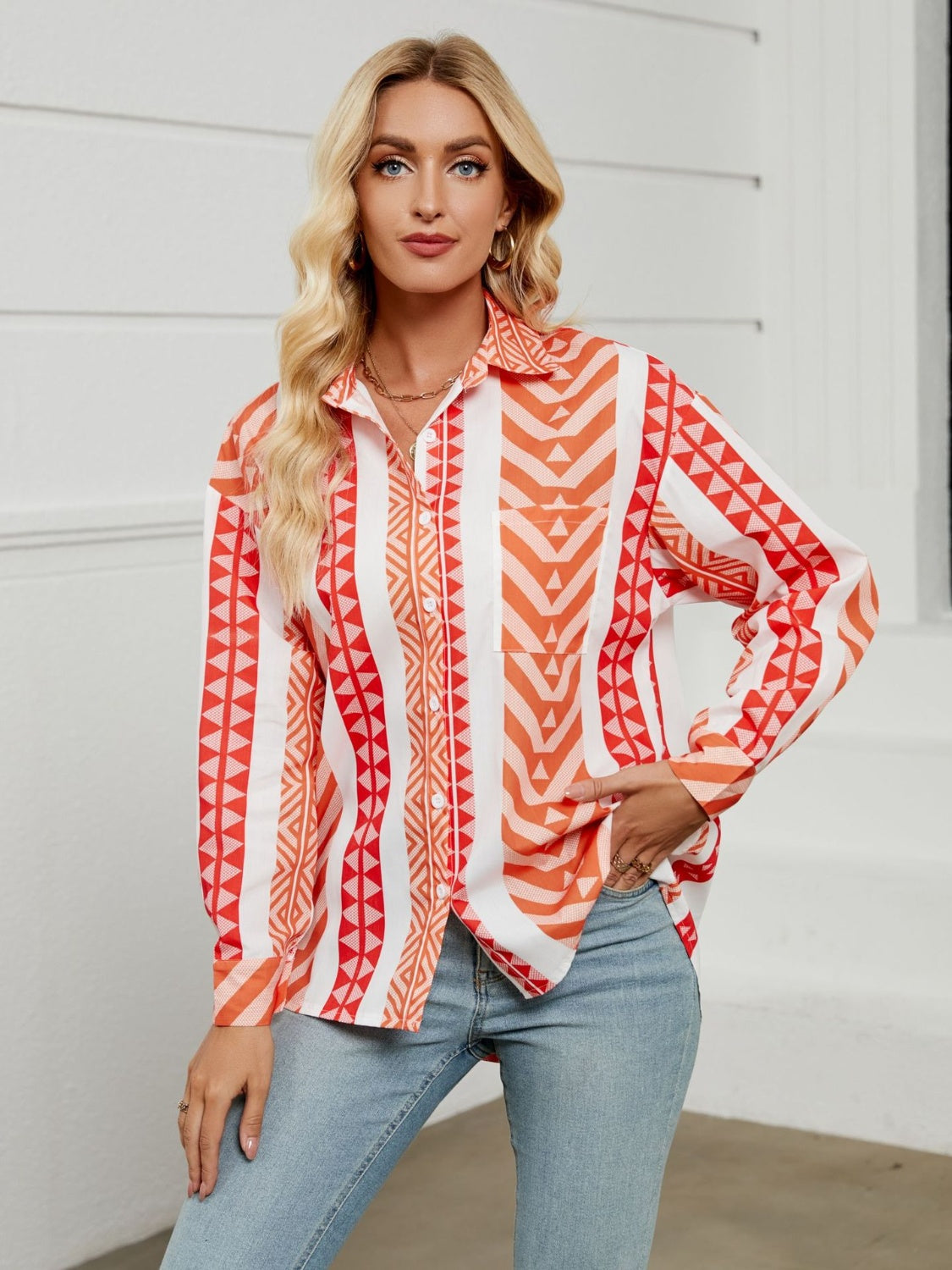 Geometric Collared Neck Long Sleeve Shirt