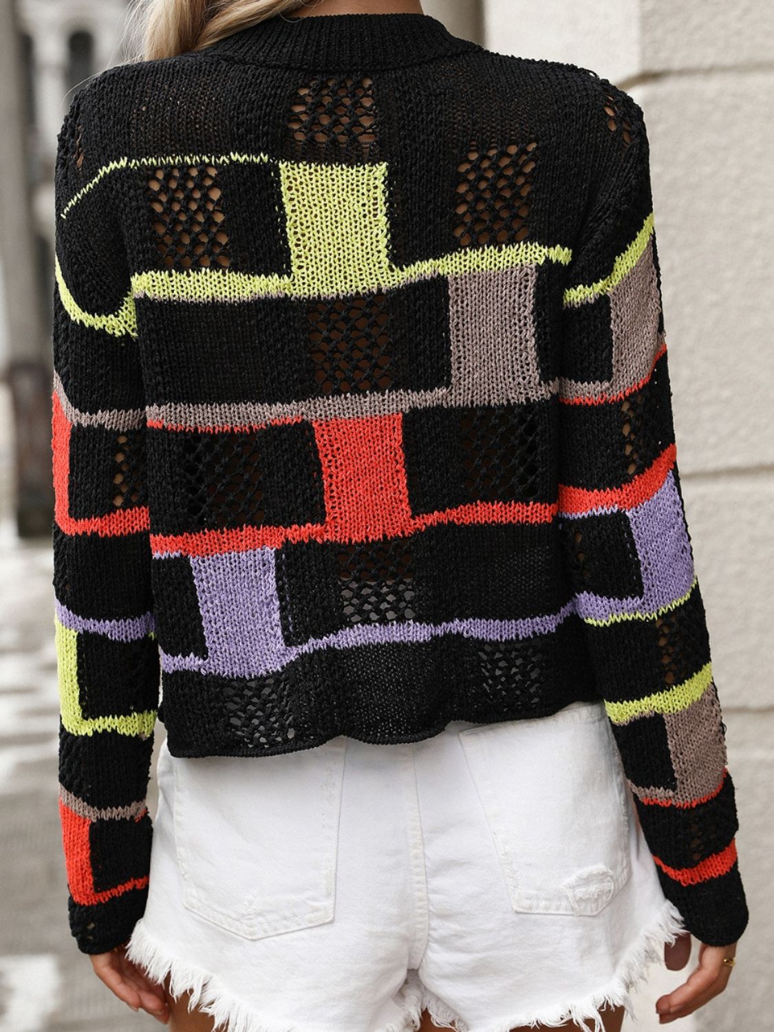 Openwork Color Block Round Neck Sweater