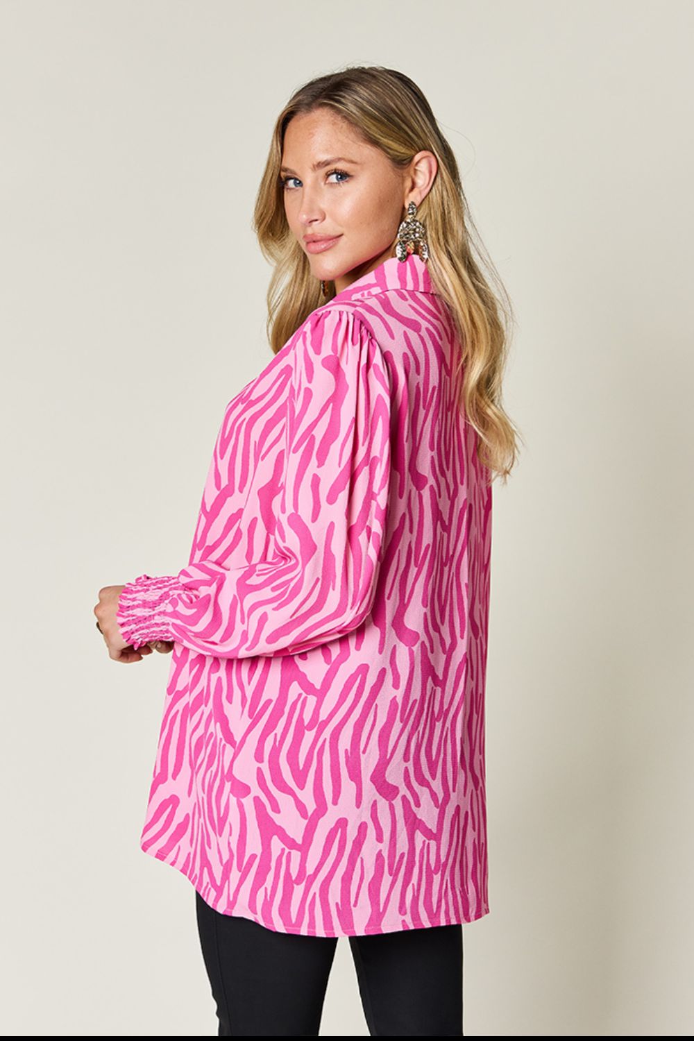 *Double Take* Printed Smocked Long Sleeve Blouse