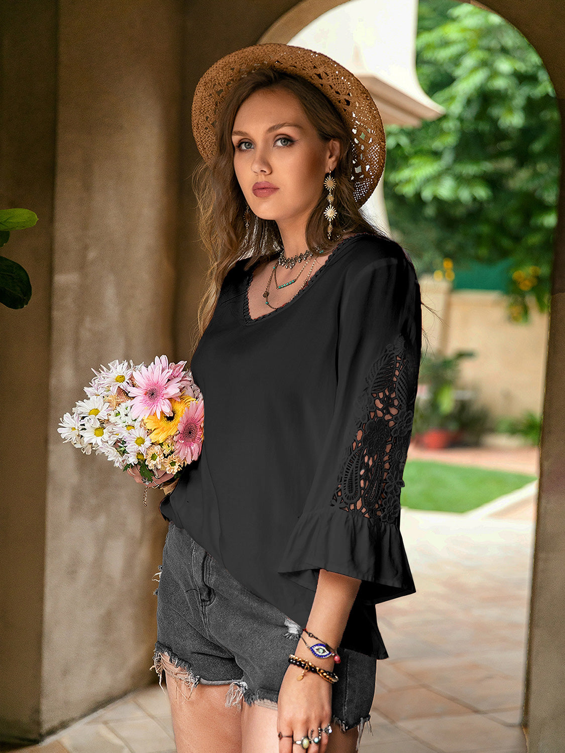 Plus Flower Crochet Flare Sleeve Top