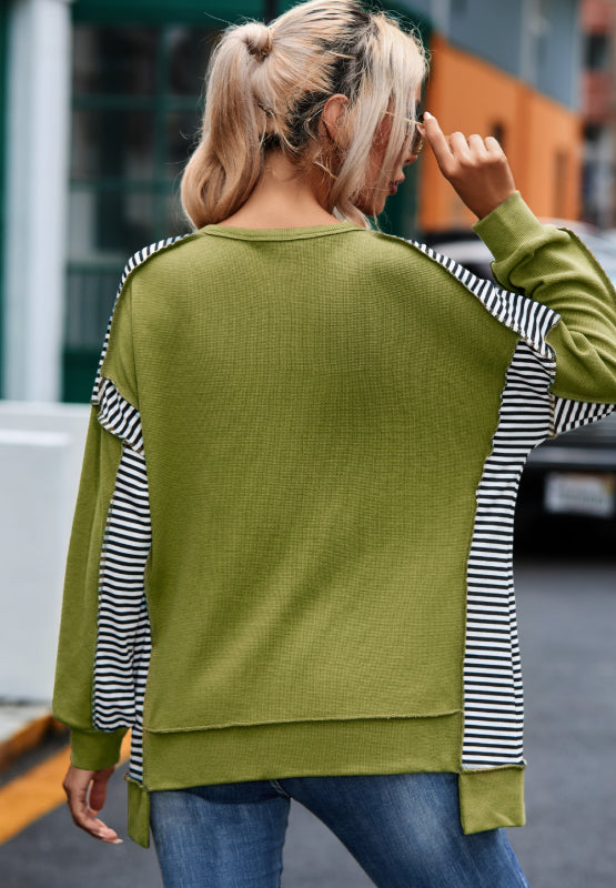 Striped Exposed Seam Half Button Sweatshirt