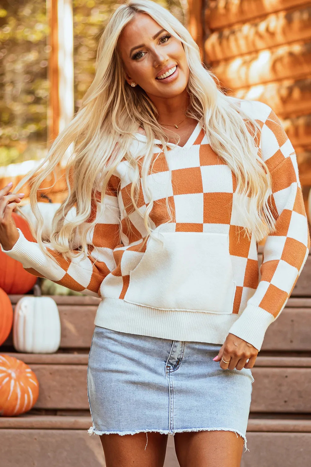 Checkered Long Sleeve Hooded Sweater