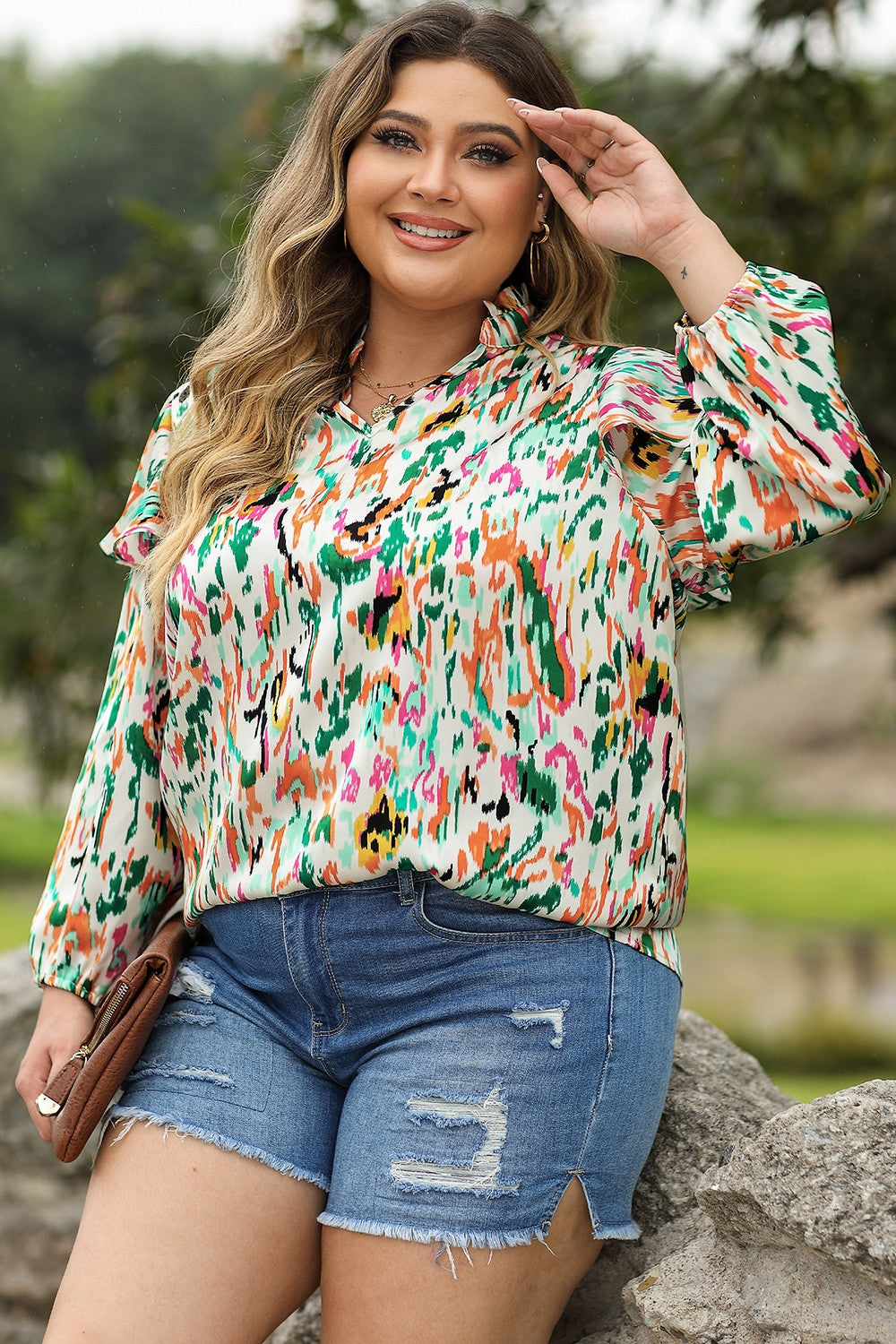 Plus Printed Ruffle Trim Long Sleeve Blouse