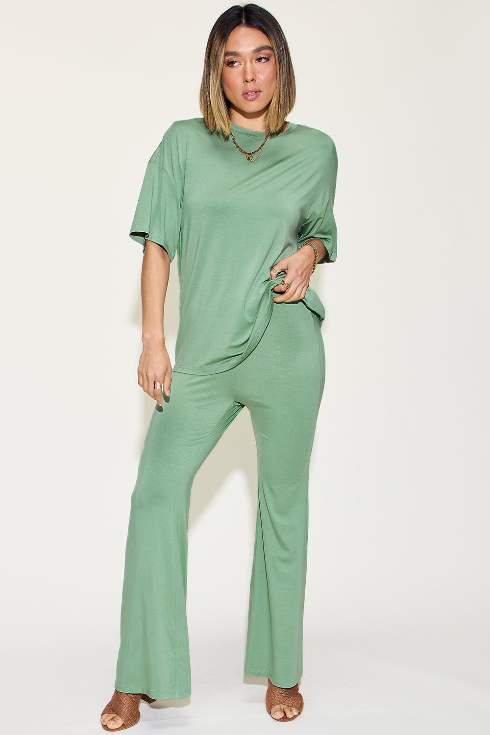 *Basic Bae* Bamboo Drop Shoulder T-Shirt and Flare Pants Set