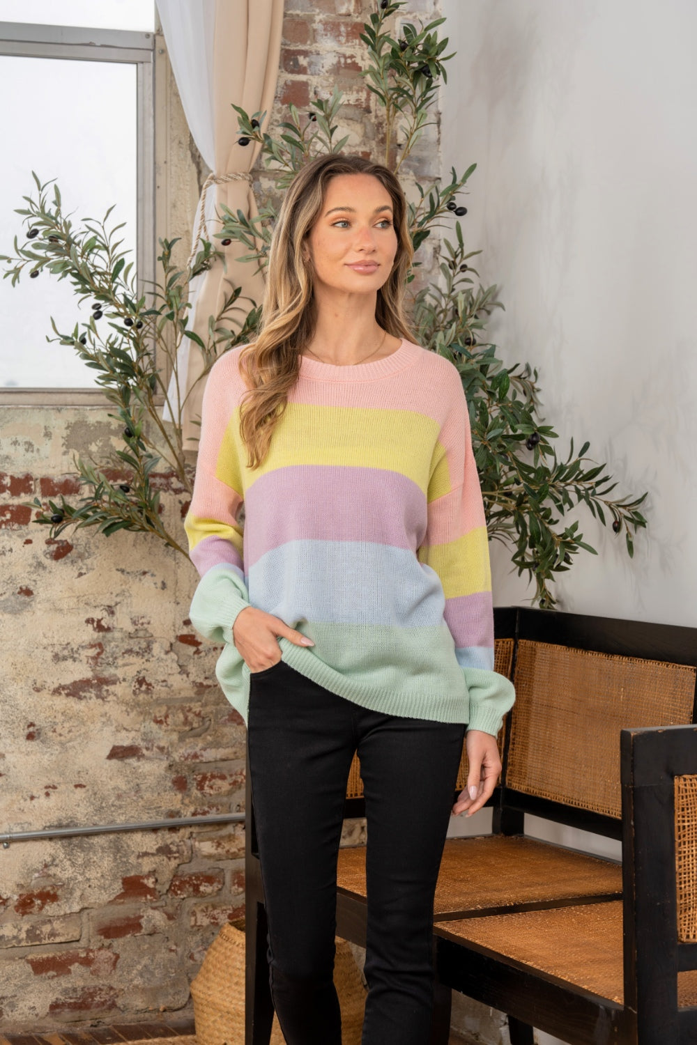 Sew In Love Color Block Round Neck Dropped Shoulder Sweater