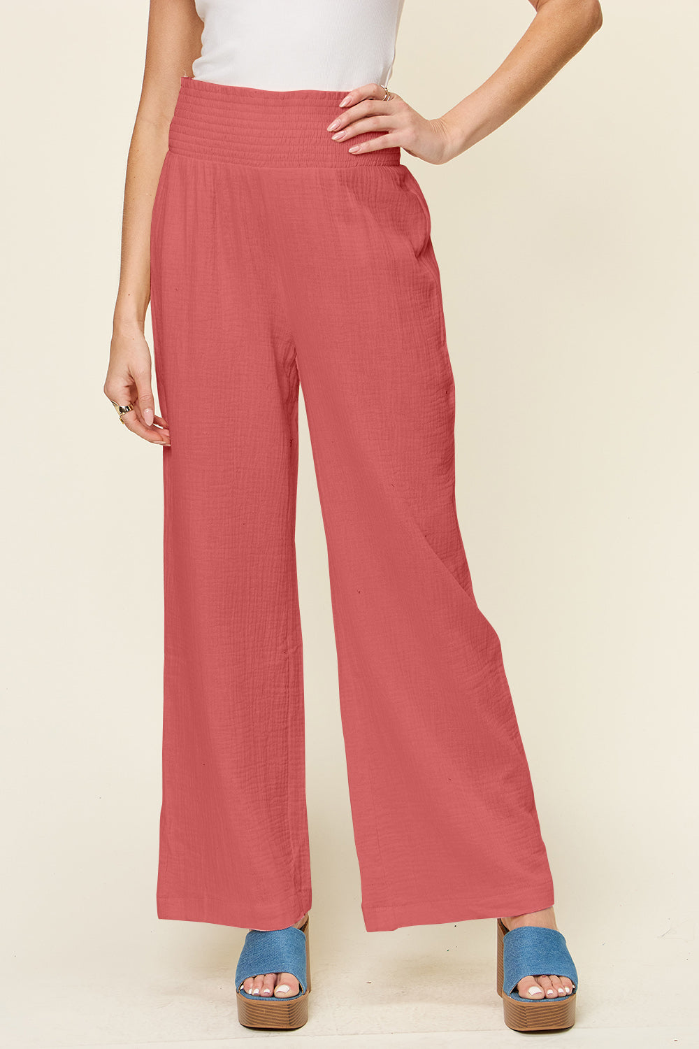 *Double Take* Texture Smocked Waist Wide Leg Pants