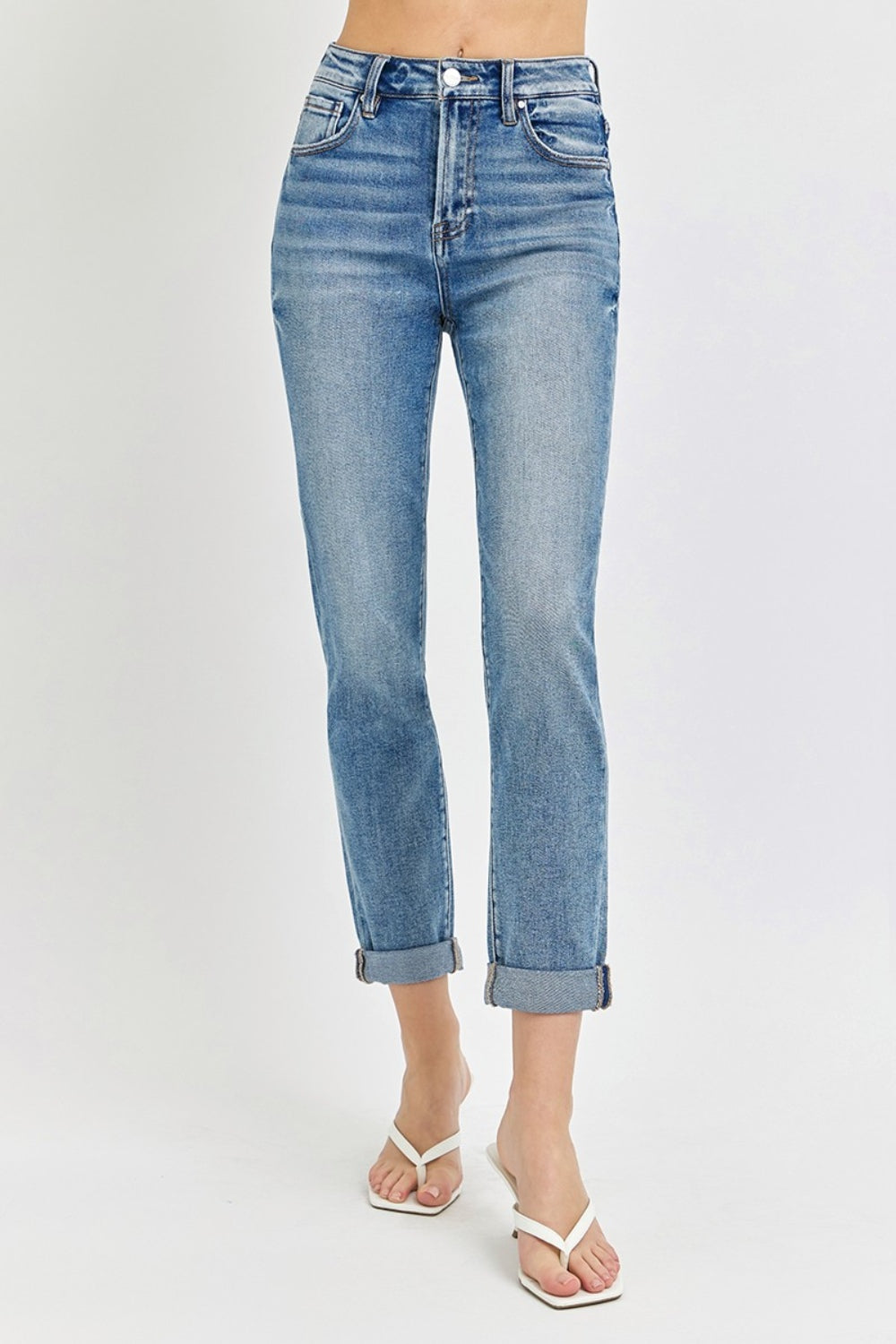 Risen High Rise Cropped Roll Up Jeans