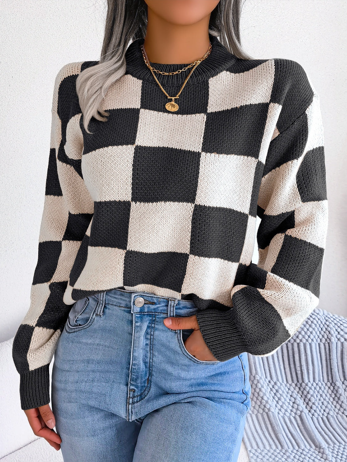 Checkered Mock Neck Long Sleeve Sweater