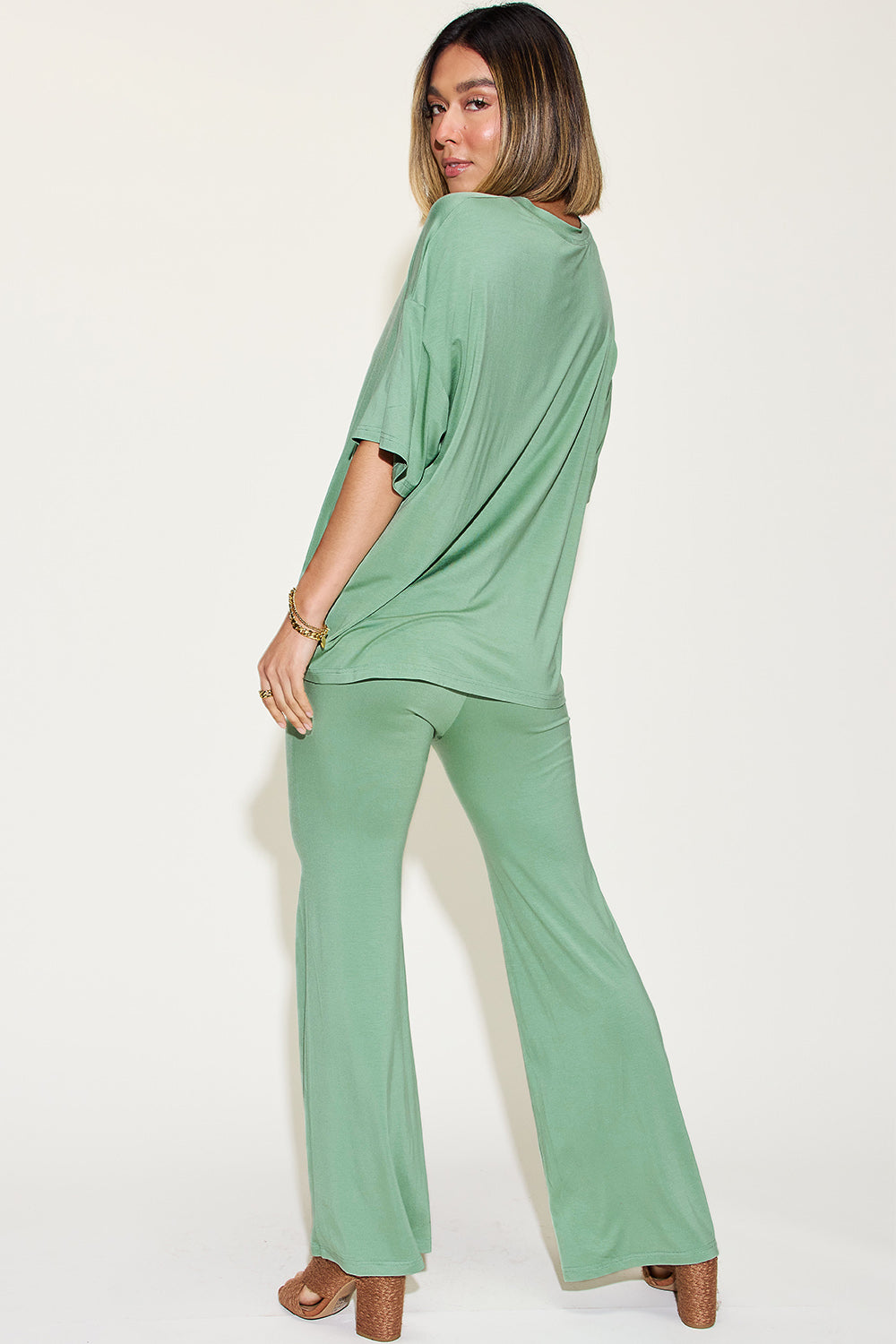 *Basic Bae* Bamboo Drop Shoulder T-Shirt and Flare Pants Set