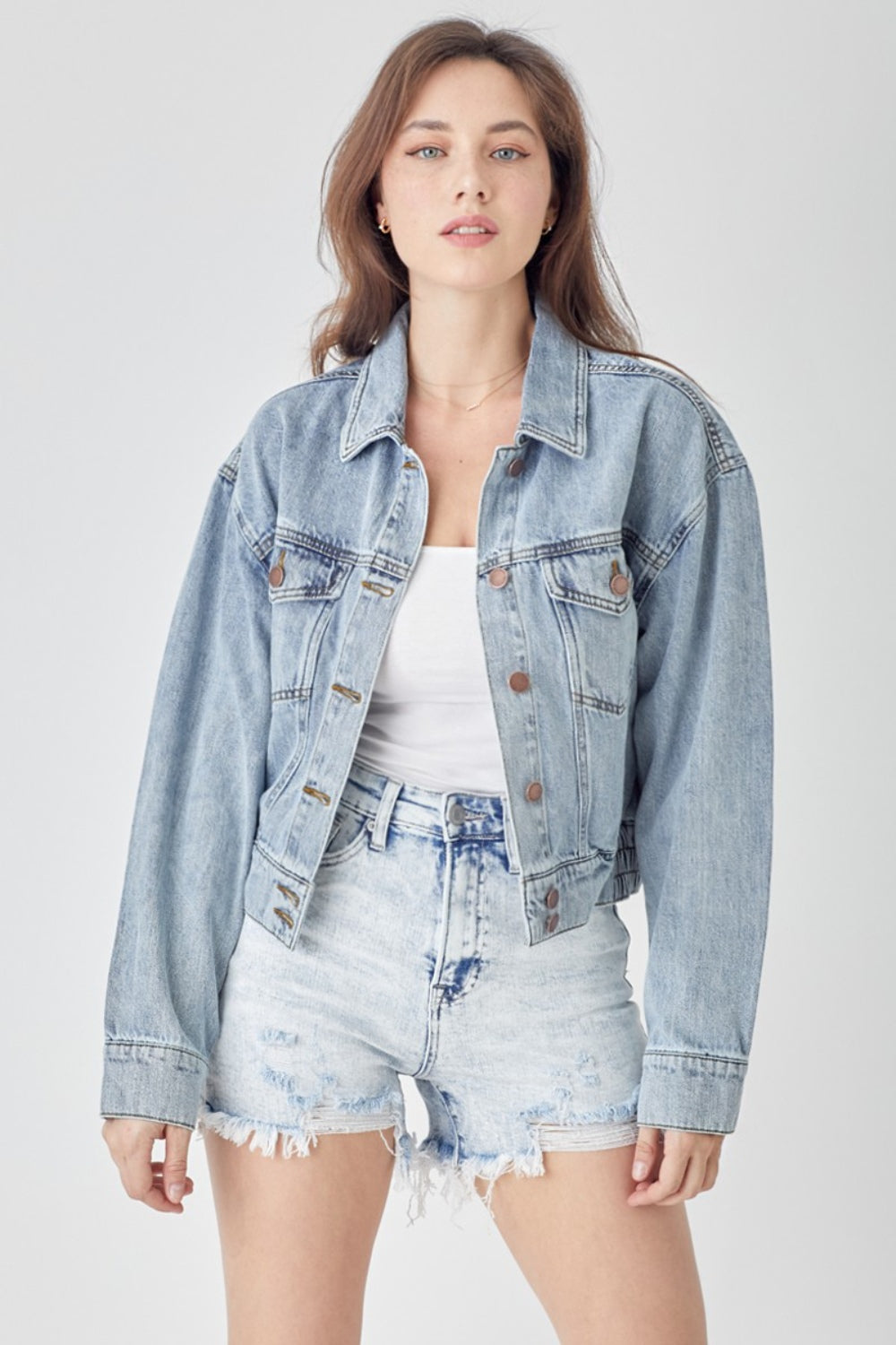 *RISEN* Button Down Cropped Denim Jacket