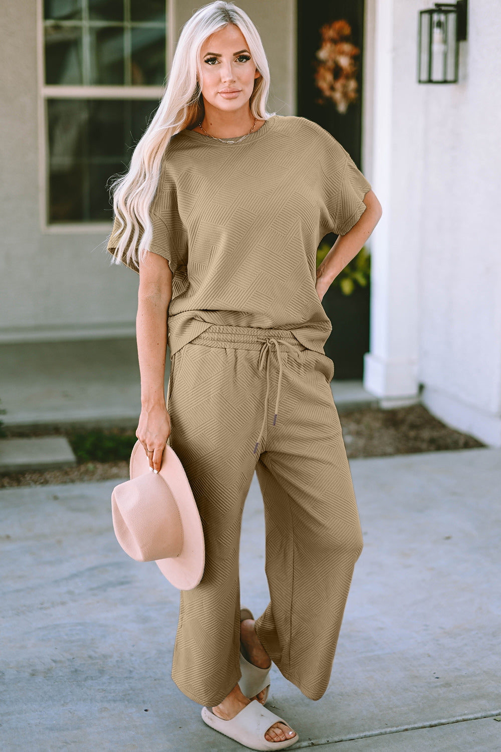 *Double Take* Texture Short Sleeve Top and Pants Set