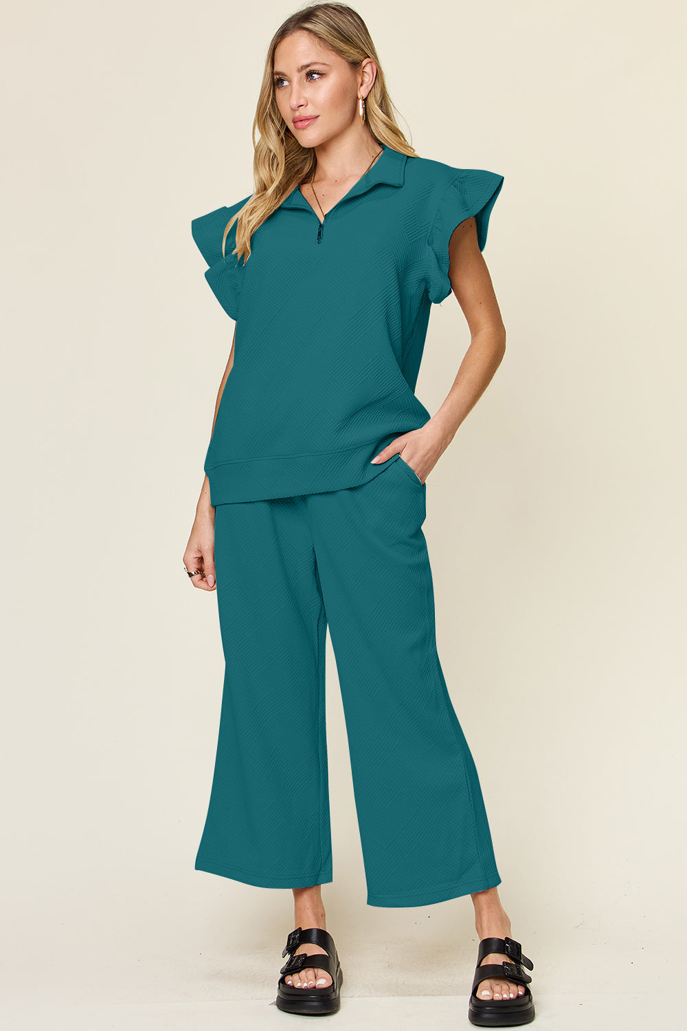 *Double Take* Texture Ruffle Short Sleeve Top and Drawstring Wide Leg Pants Set