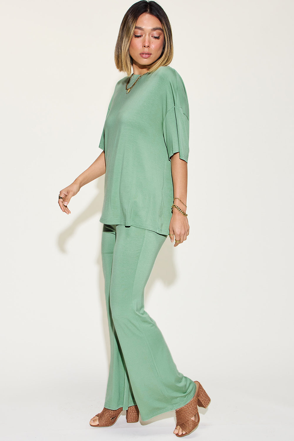 *Basic Bae* Bamboo Drop Shoulder T-Shirt and Flare Pants Set