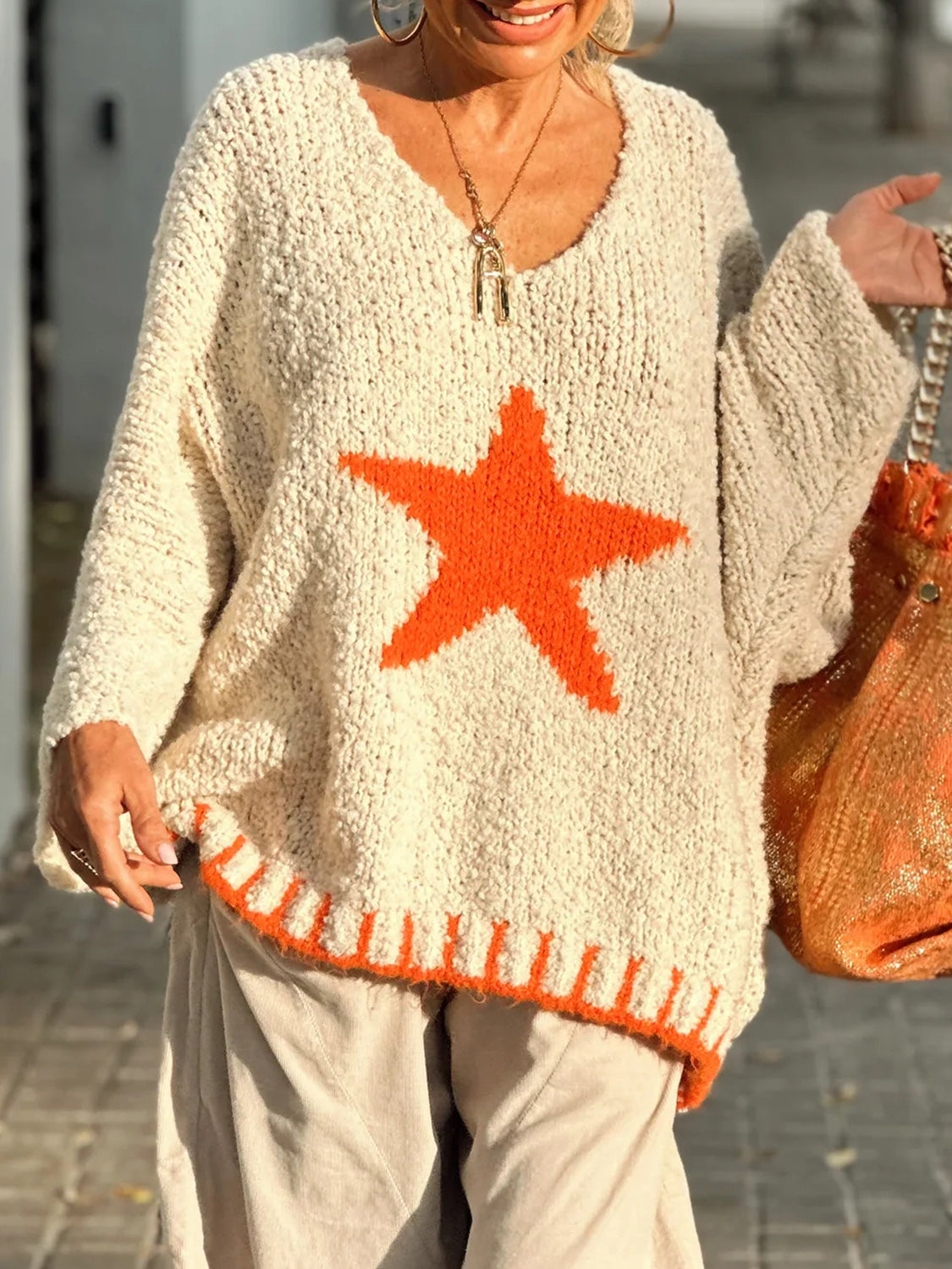 Star V-Neck Long Sleeve Oversize Sweater