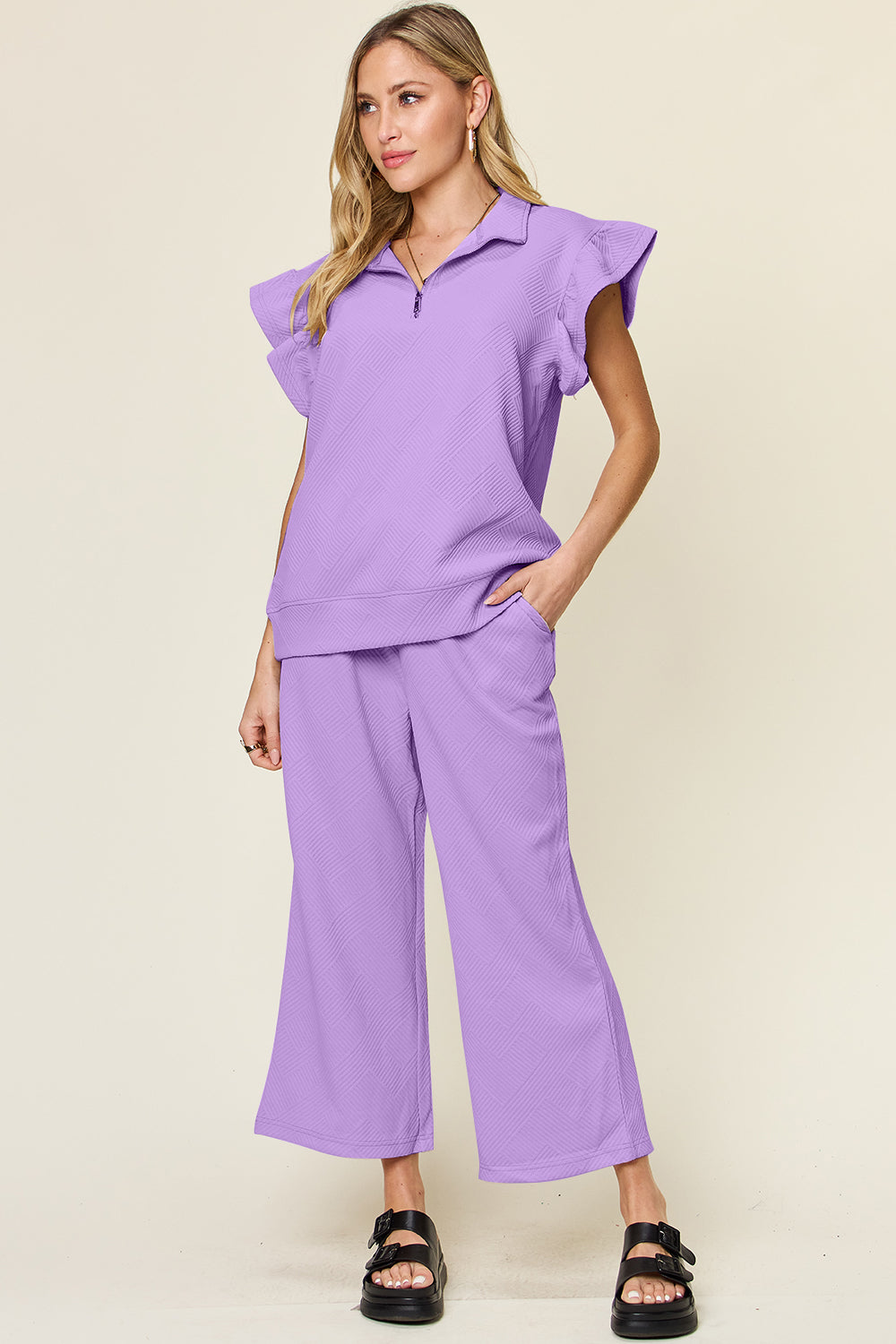 *Double Take* Texture Ruffle Short Sleeve Top and Drawstring Wide Leg Pants Set