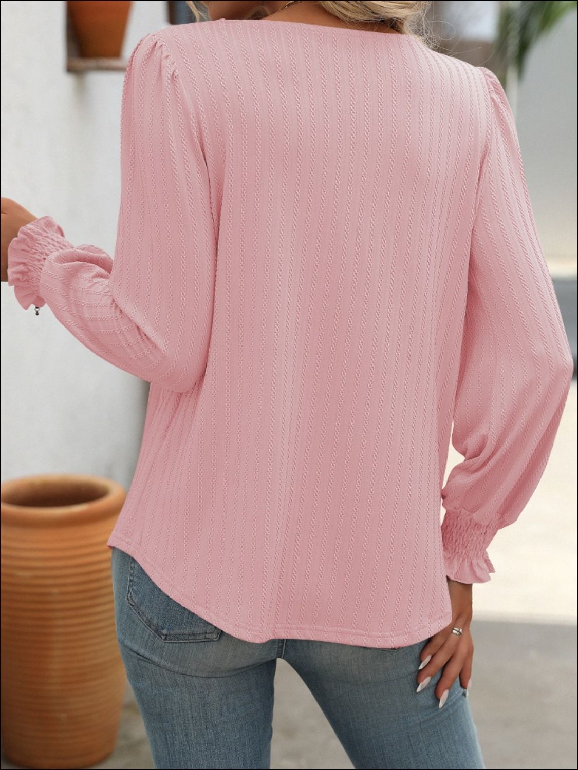 Square Neck Front Pleat Long Sleeve Top