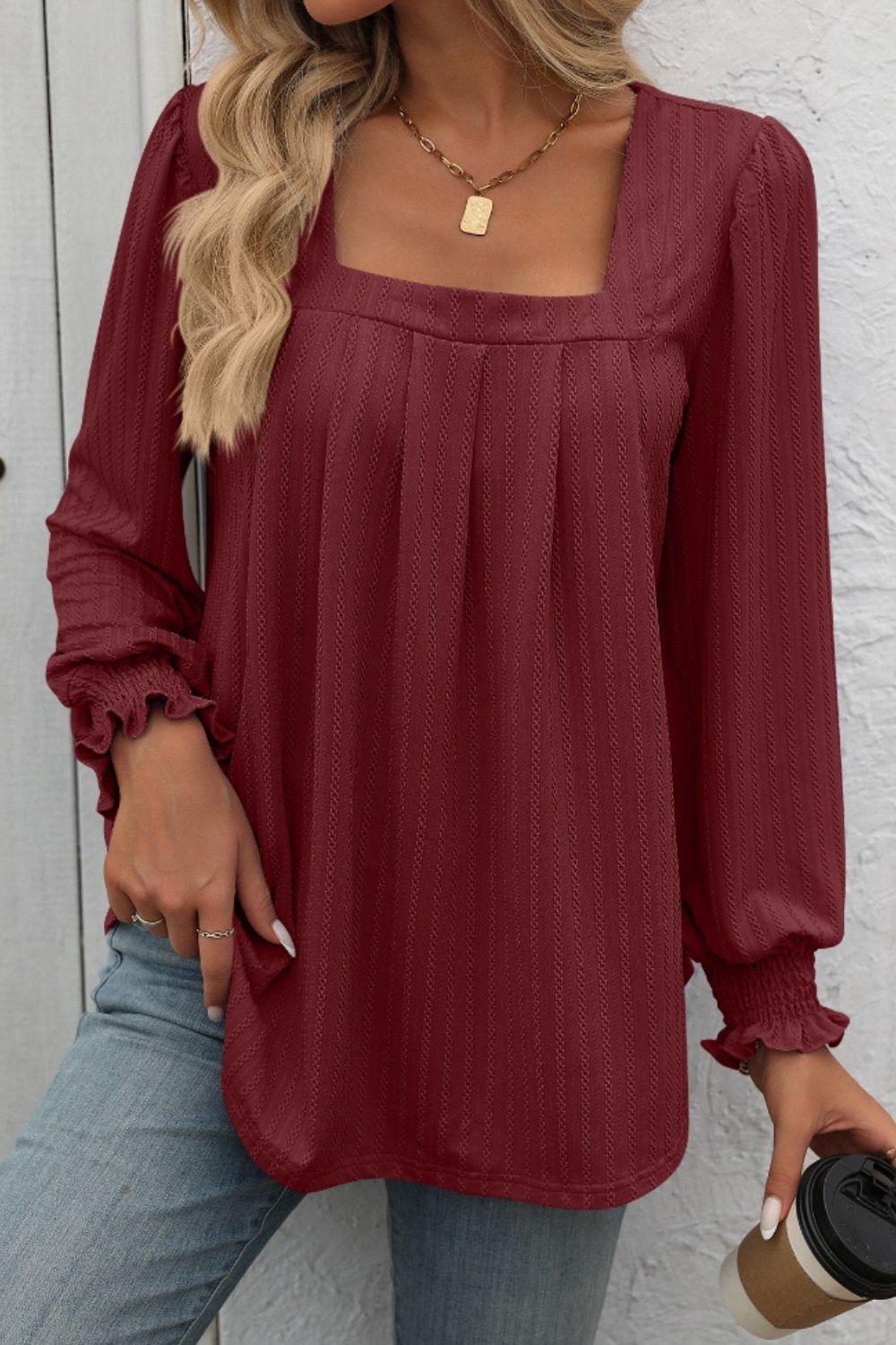 Square Neck Front Pleat Long Sleeve Top