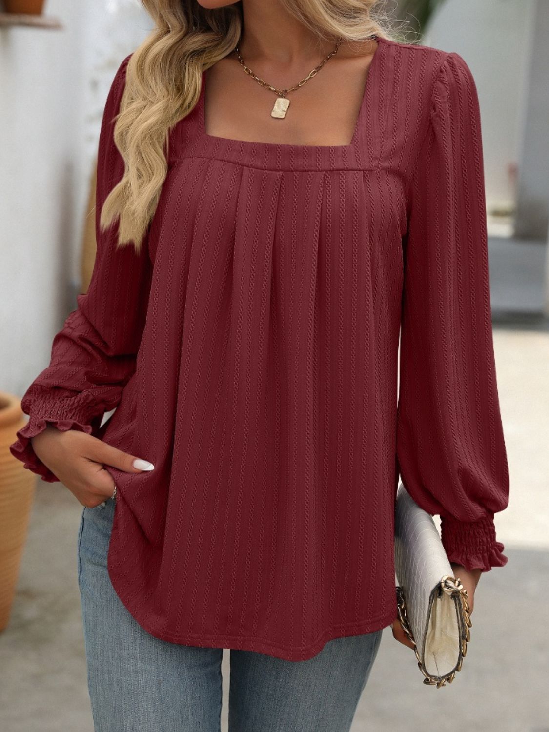 Square Neck Front Pleat Long Sleeve Top