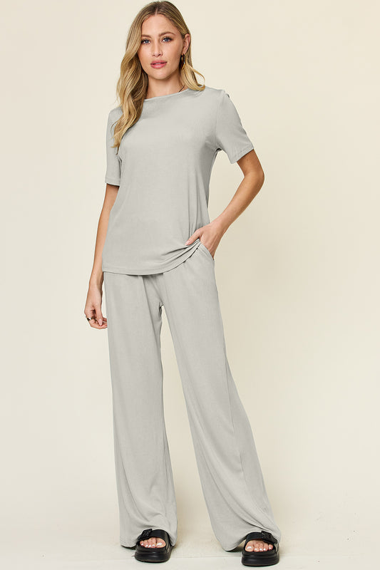 *Double Take* Round Neck Short Sleeve T-Shirt and Wide Leg Pants Set