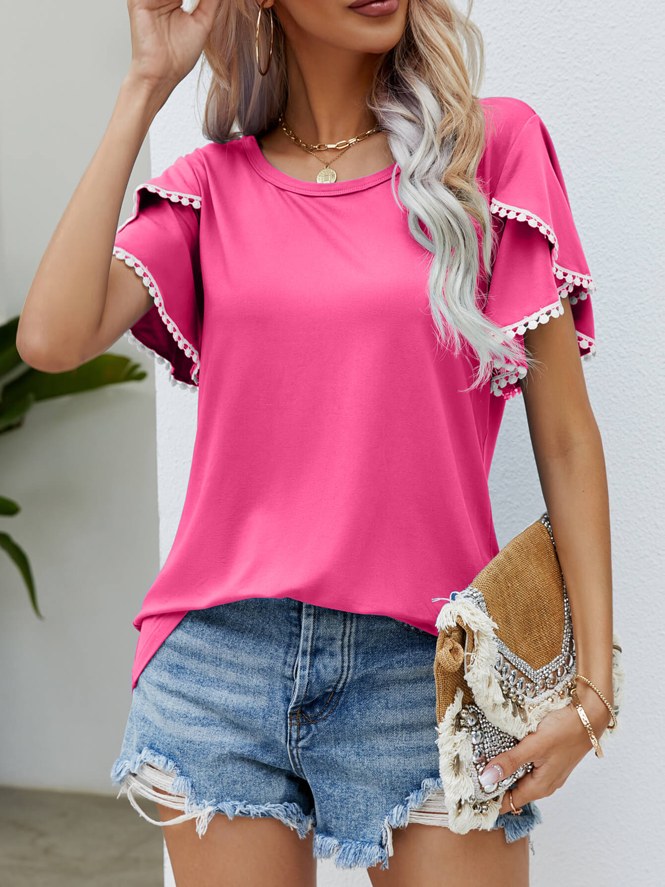 Pom-Pom Trim Flutter Sleeve Tee