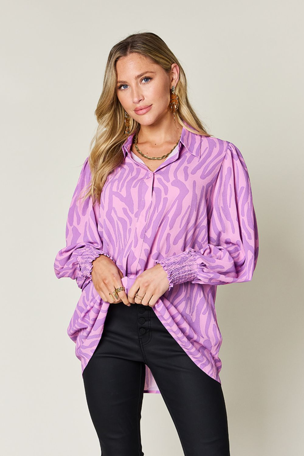 *Double Take* Printed Smocked Long Sleeve Blouse