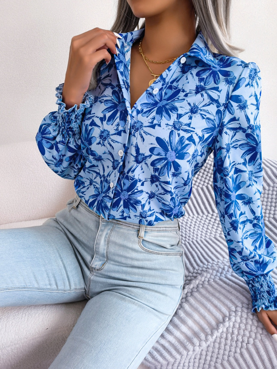 Floral Collared Neck Long Sleeve Shirt