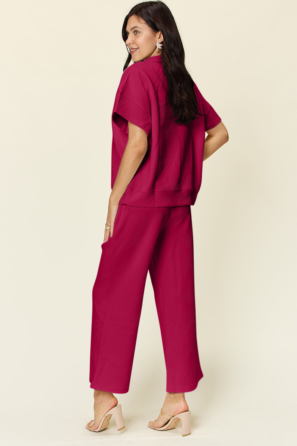 *Double Take* Texture Half Zip Short Sleeve Top and Pants Set