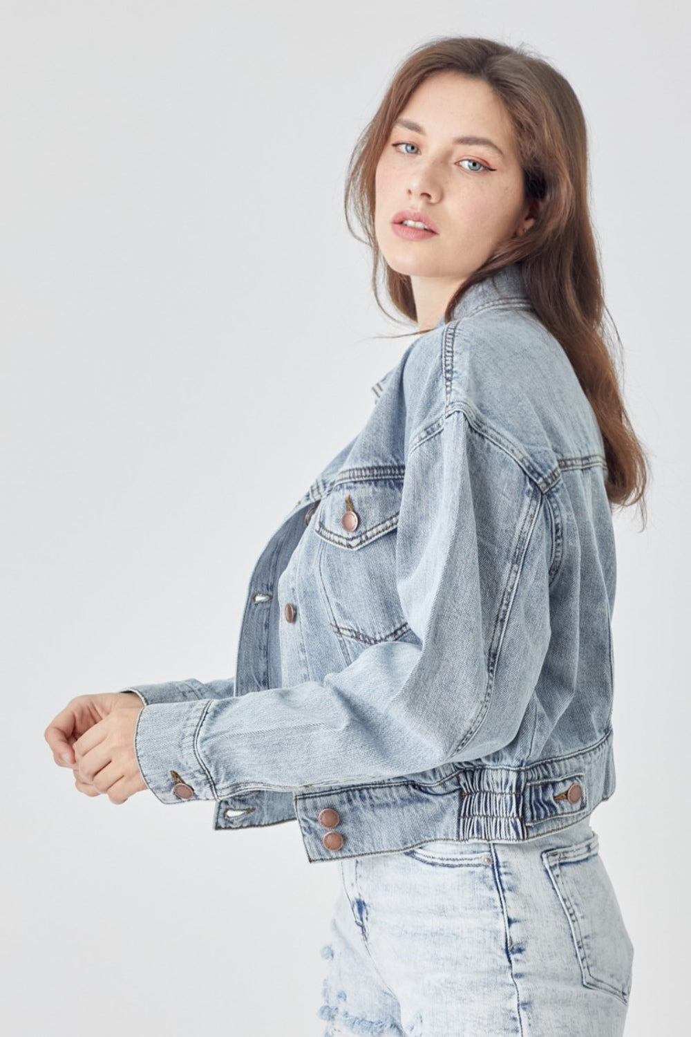 *RISEN* Button Down Cropped Denim Jacket