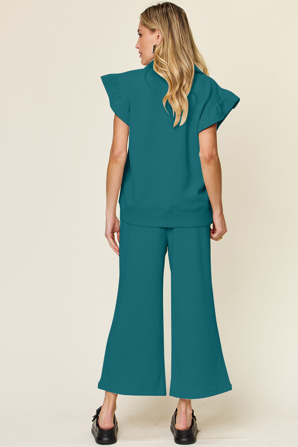 *Double Take* Texture Ruffle Short Sleeve Top and Drawstring Wide Leg Pants Set