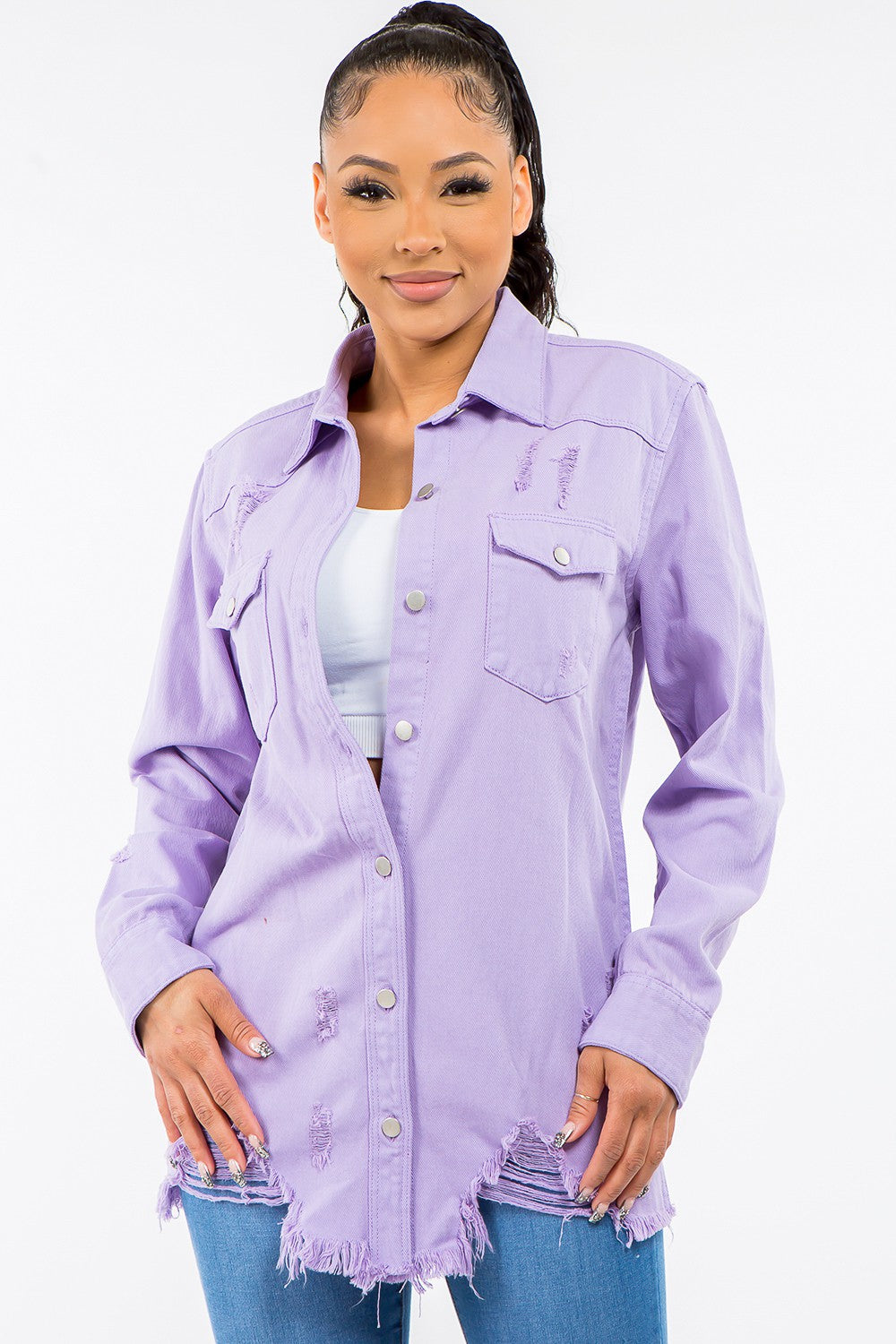 *American Bazi* Frayed Hem Distressed Denim Jacket in Lavender