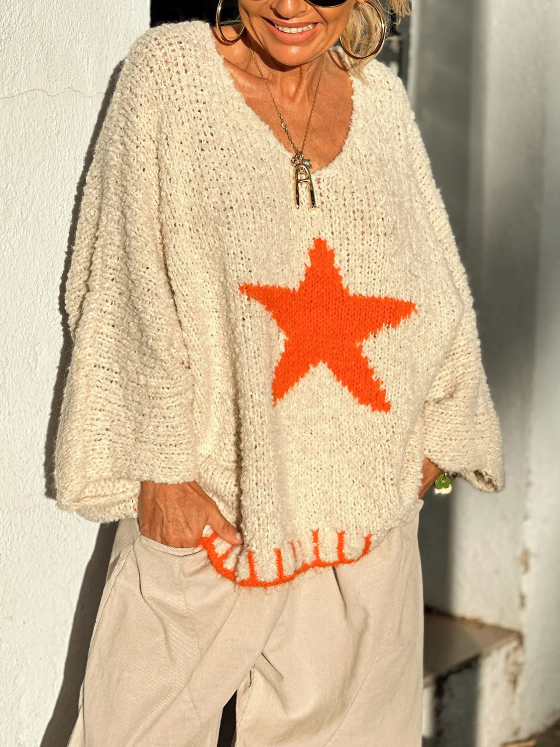 Star V-Neck Long Sleeve Oversize Sweater