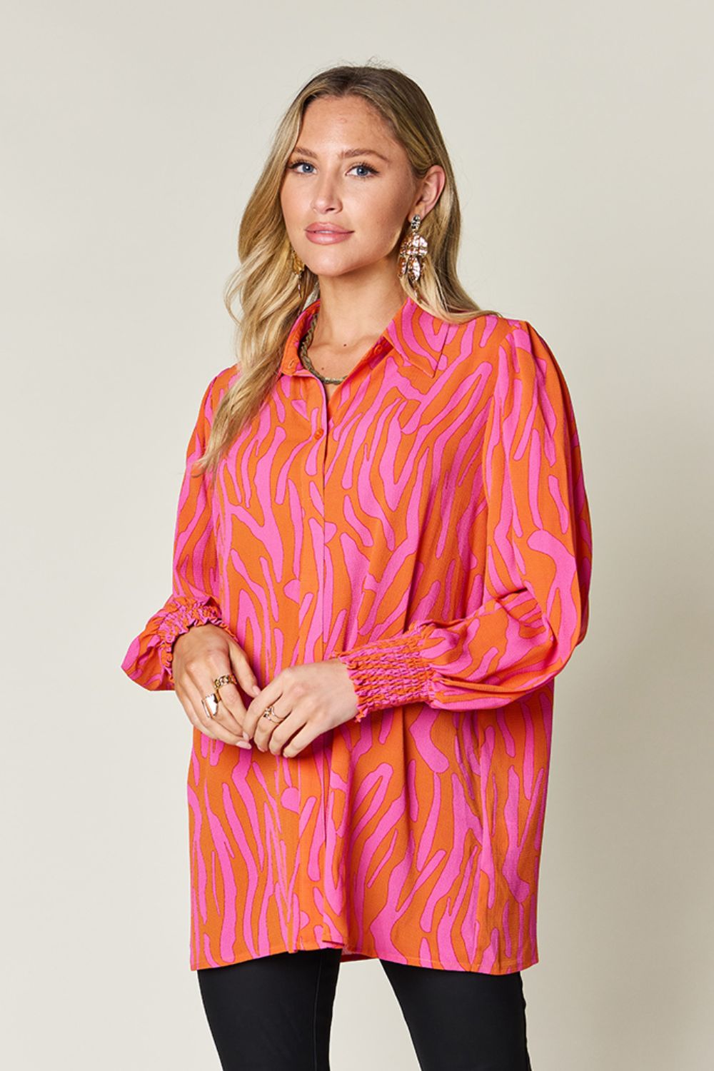 *Double Take* Printed Smocked Long Sleeve Blouse