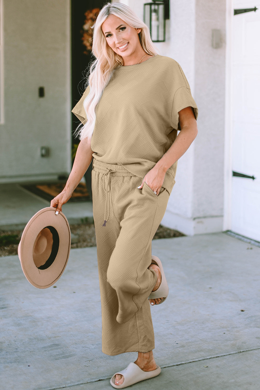 *Double Take* Texture Short Sleeve Top and Pants Set